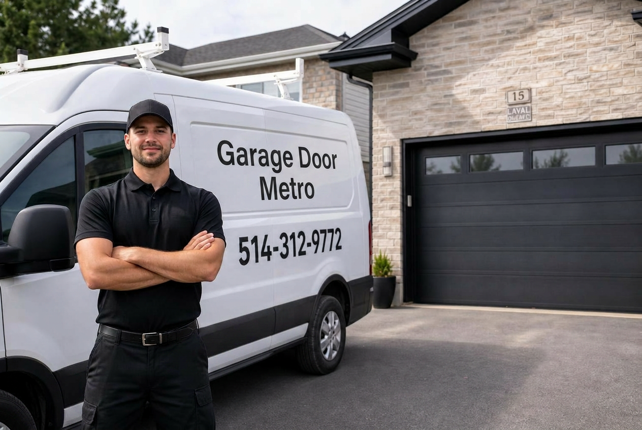 Garage door repair technician providing service in Laval with Garage Door Metro service vehicle